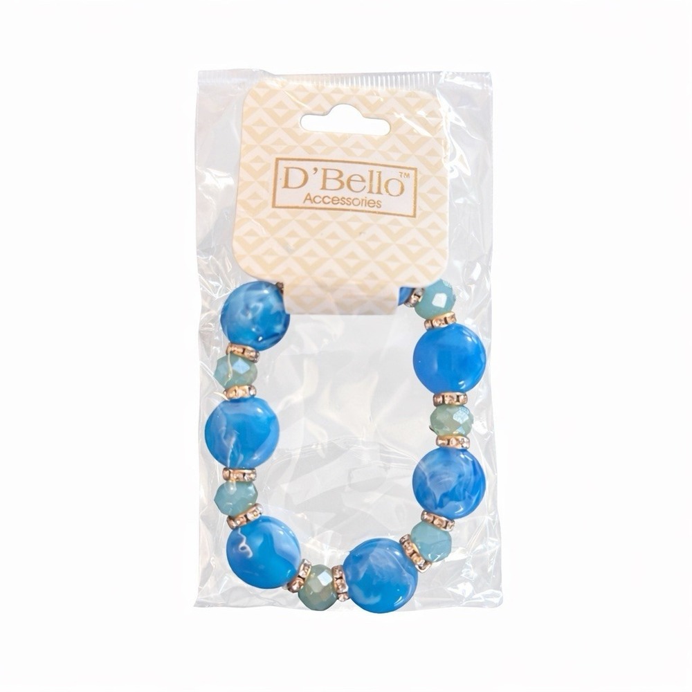 D'Bello Blue Beaded Stretch Bracelet Womens Faceted Rhinestone Gold‎ Jewelry NEW
